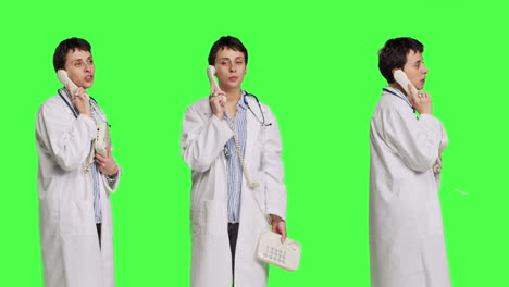 Physician-answering-landline-phone-call-against-greenscreen-backdrop